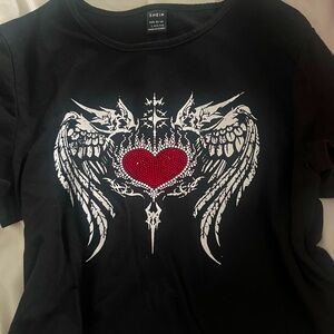 SHEIN Black Tee with Red Heart and White Wings